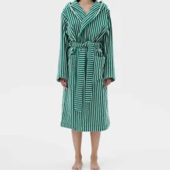 Hooded Bathrobe Teal Green Stripes