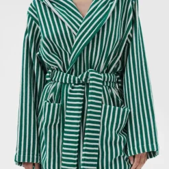 Hooded Bathrobe Teal Green Stripes